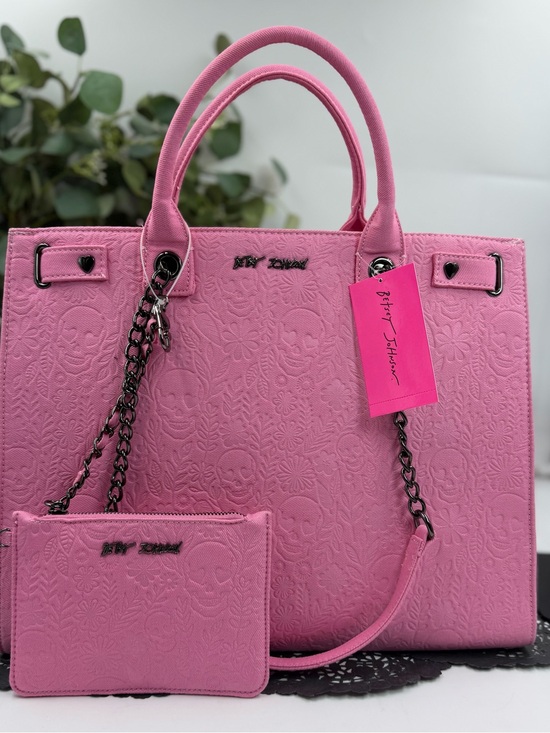 Betsey Johnson Handbags - betsey johnson viral pink embossed skull floral tote bag w pouch